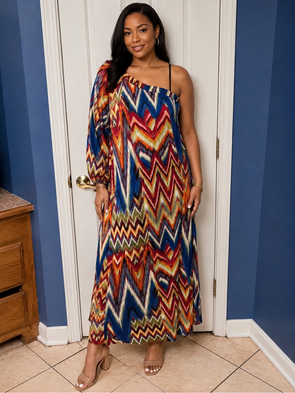 Allen B Multi Color Chevron Print Zig Zag One Shoulder Elegant Maxi Dress XL